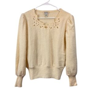 Vintage 80s Neiman Marcus Sz Large Angora Lambswool Puff Sleeve Cut Out Sweater